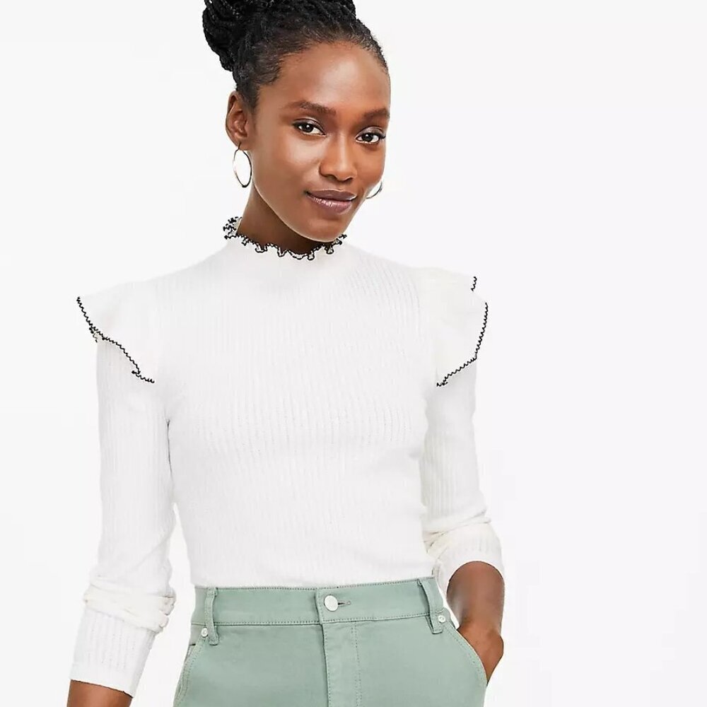 NWT LOFT Pointelle Ribbed Ruffle Women's Top Size Large/12 Whisper White‎